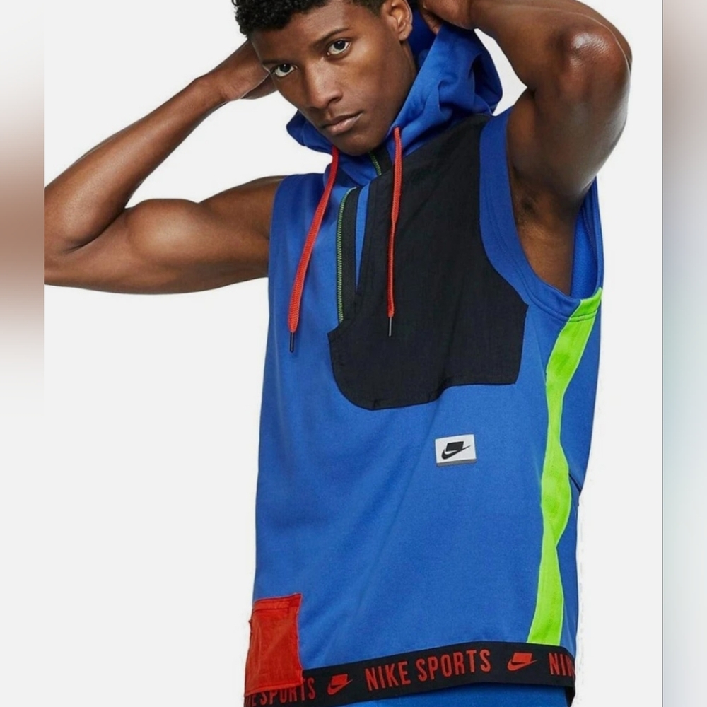 Nike Men's Dri-Fit Blue Hooded Sleeveless Shirt Large Neon Streetcore Neon Y2K
